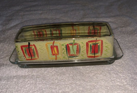 Covered Glass Butter Dish Abstract Art Printed 2 Sides Orange Yellow Euc - £11.98 GBP