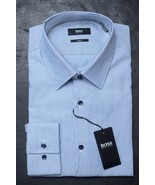 HUGO BOSS Hombre Jano Ajustado Azul Oscuro Rayas Algodón Camisa 38 15 - $64.13