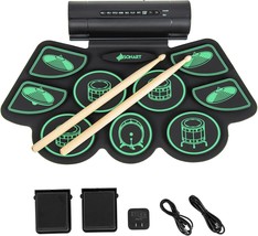 9-Pad Electronic Drum Set, Roll-Up Digital Drum Kit With 2 Stereo, Green - $78.94
