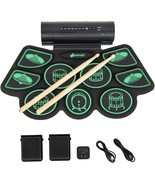 9-Pad Electronic Drum Set, Roll-Up Digital Drum Kit With 2 Stereo, Green - $77.99