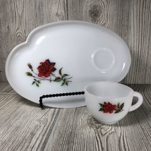 Vtg Federal Glass ROSECREST Milk Glass Snack Plate Cup Red Rose Replacement 2 - £19.67 GBP
