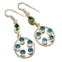 Blue Topaz, Green Amethyst Gemstone 925 Silver Overlay Handmade Dangle Earrings - £8.02 GBP
