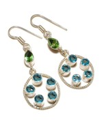 Blue Topaz, Green Amethyst Gemstone 925 Silver Overlay Handmade Dangle E... - $13.66 CAD