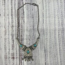 Vintage Silver Tone &amp; Turquoise Faux Stones Bib Necklace Boho Native American - £13.54 GBP