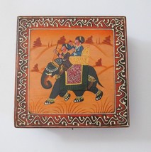 Painted Indian Dhola Maru Wood Trinket Box Men Riding Elephant 6 Inch Sq... - £23.69 GBP