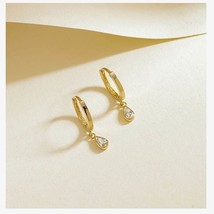 14K Solid Gold Dainty Dangle Teardrop Moissanite Diamond Huggie Hoop Earrings - £158.49 GBP