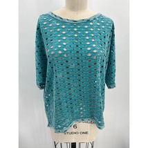 Clara Sun Woo Lightweight Sweater Sz M Turquoise Blue Distressed Open Knit - $29.40