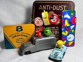 Curated Colorful Fun Collectible Trinket Lot In Vtg Crayola Tin Cars Whi... - $39.95
