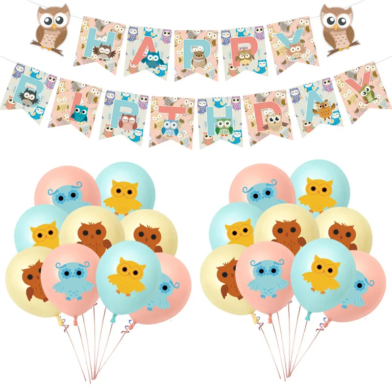 Play Cartoon Owl Theme Birthday Party Decoration Colorful Banner Cute Animal Lat - £23.45 GBP