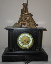 Antique 19th C Kroeber Iron Case French Mantel Clock Bronze lady Statue ... - $406.35