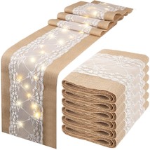 6 Pieces 12 X 108 Inches Burlap Table Runner With String Lights Rustic Lace Tabl - £64.20 GBP