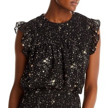 AQUA Women&#39;s Metallic Star Smocked Flutter Sleeve Top Black Gold B4HP - £11.75 GBP