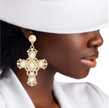 White Crystal and Rhinestone Gold Plated Religious Cross Fashion Drop Earrings - £27.58 GBP