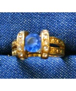 Elegant Blue &amp; Crystal Rhinestone Gold-tone Ring 1980s vintage size 5 - £10.18 GBP