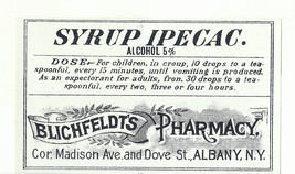 1 Vintage Pharmacy Label SYRUP IPECAC Blitchfeldt&#39;s Pharmacy Albany New ... - £27.07 GBP