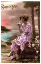 RPPC Postcard Colorized Bonne Fete Pretty Woman Pink Dress Flowers - £9.47 GBP