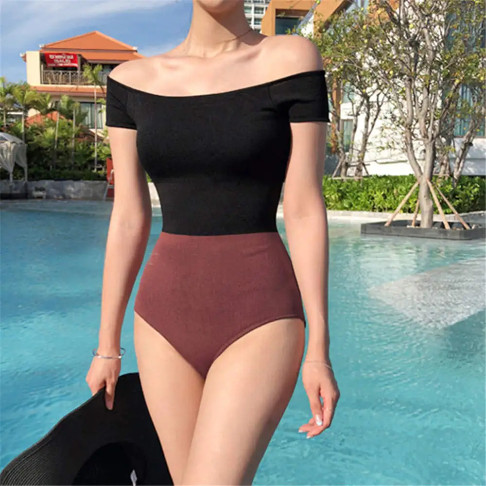 Sporting Korea Style One Piece Swimsuit Women Solid Swimwear Off Shoulder MonAni - £58.35 GBP