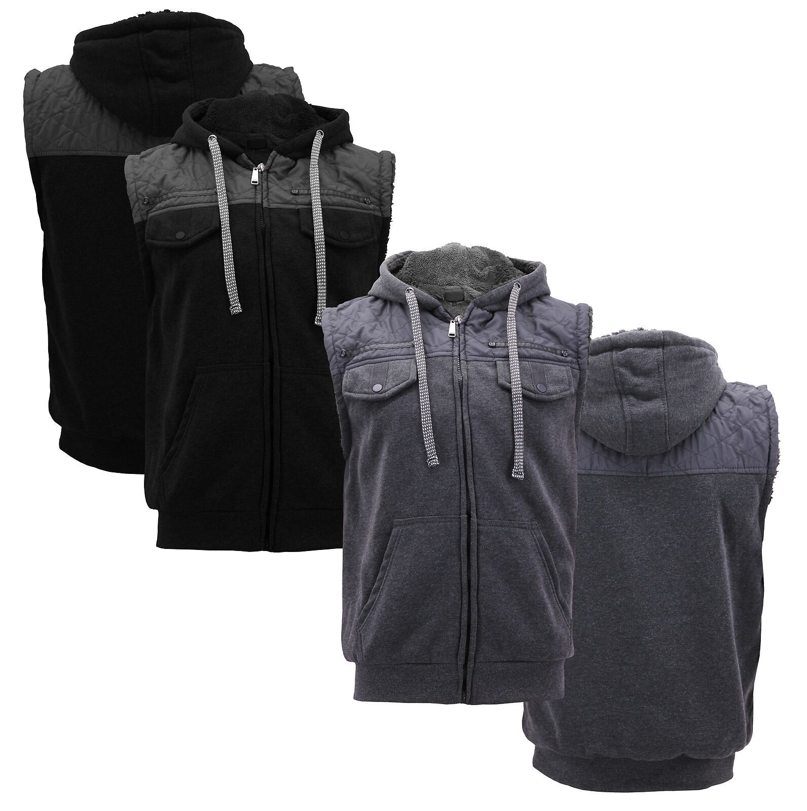 Men’s Casual Two Tone Warm Fleece Soft Sherpa Lined Quilted Zipper Hooded Vest - £22.58 GBP
