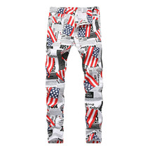 Men Casual Jeans US&amp;UK National Flag Printed Slim Fit Trousers Newspaper... - $323.48 MXN