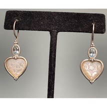 925 Sterling Silver Topaz And Carved Mother Of Pearl Heart Earrings Sky - £36.04 GBP