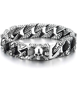 Skull Charms Snake Skin Pattern Curb Chain Mens Large Steel Bracelet wit... - £33.05 GBP