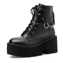 Gydh New Sexy Chain Women Leather Autumn Boots Block Heel Black Punk Style Platf - £56.97 GBP