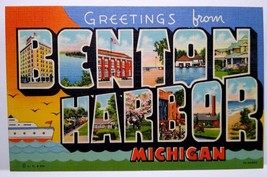 Greetings From Benton Harbor Michigan Large Letter Postcard Linen Curt Teich - £8.35 GBP
