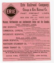 Original 1890's Erie Railroad and Chicago &amp; Erie Railroad Ad Fast Freigh... - $19.78
