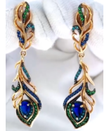 Women&#39;s earrings, 925 gold plated silver, Peacock feathers with blue and... - $180.79 CAD