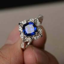 2.75CT Cushion Cut Blue Sapphire &amp; Diamond Wedding Ring 14k White Gold Finish - £63.05 GBP