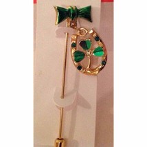 Green Shamrock  rhinestone studded horseshoe dangling Bow Stick Pin Vint... - £12.66 GBP