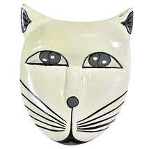 Hand Painted Wood Cat Face Brooch Modern Folk Art Whimsical Statement Pi... - $14.94
