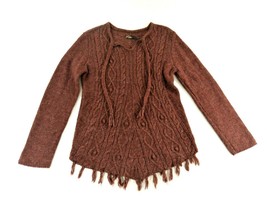 Prana  Reddish Brown Cable Knit Front Fringed Pullover Sweater Womens Large - £30.07 GBP