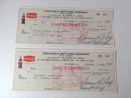 1964 Coca Cola Mt Carmel ILL Bottling Co Bank Check pair Coke - £15.55 GBP