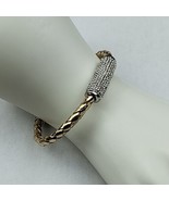 Metallic Gold Color Faux Leather Bracelet Pave Crystal Bar Stainless Ste... - £18.30 GBP