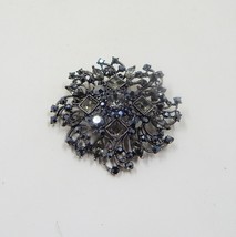 Unsigned Vintage Silver Tone Smokey Black Rhinestone Brooch Pin Round Marquis - £19.92 GBP