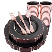 30Guest Clear Black Plastic Plates With Rose Gold Silverware& Disposable Plastic - £73.60 GBP