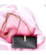 Comeco Black Satin Clutch/Purse Rain Stone Snap Closure, Long Chain Vintage - $11.29