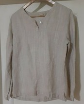 LL Bean Womens Shirt Beige Striped Tunic Linen Split Neck 2 Button Large - £31.15 GBP