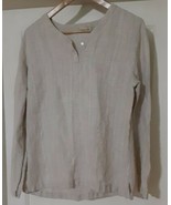 LL Bean Womens Shirt Beige Striped Tunic Linen Split Neck 2 Button Large - $39.46