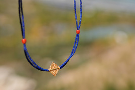 Double-strand Tibetan Lapis Lazure Necklace with Vintage Gold Pendant - £422.69 GBP