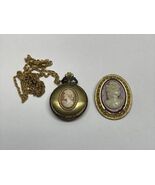 Vintage Framed Cameo Pendant Necklace &amp; Pin Long Calibri Quartz Swiss CV JD - $19.79