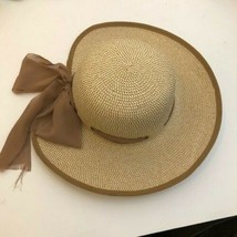 Womens Beige/Brown Structured Curved Wide Brim Beach Bucket Straw Sun Hat - £7.75 GBP