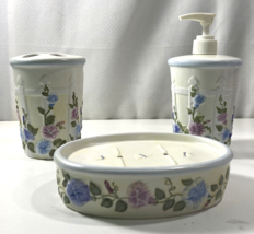 Bathroom Vanity Set Soap Dispenser Dish Toothbrush Holder White Floral C... - $645.66 MXN