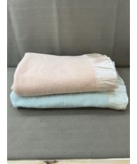2 Baby Wool Blanket Lot Pink &amp; Blue W Satin Trim Vintage Mid Century Nor... - $65.47 CAD