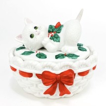 Lefton Cat Christmas Basket Trinket Box White Kitten 1987 05874 - £21.39 GBP