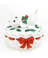 Lefton Cat Christmas Basket Trinket Box White Kitten 1987 05874 - £21.34 GBP