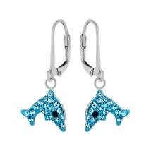 Dolphin 925 Silver Leverback Earrings with Aqua Crystals - £14.93 GBP