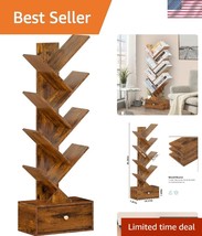 Charming 8-Tier Tree Bookshelf with Drawer - Rustic Brown Standalone Design - $840.68 MXN