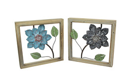 2 Piece Sculpted Metal Flowers Wall Hanging Set With Wooden Frames - £21.20 GBP